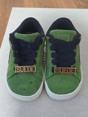 Puma Toddler Green Suede Trainers with Navy Accents